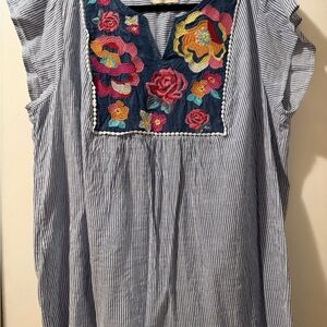 Savanna Jane Blue Striped Top with Floral Embroidery 3X